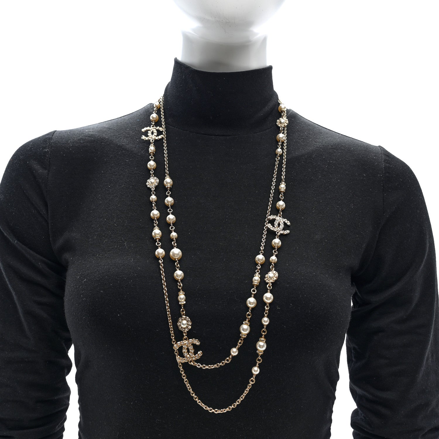 Chanel Pearl Crystal CC Long Necklace Gold 10 of 10