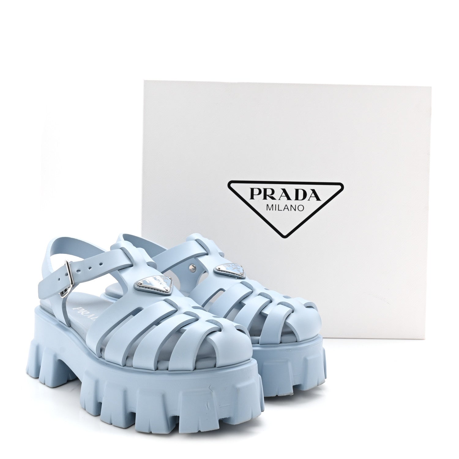 Prada Foam Rubber Metal Triangle Logo Monolith 55mm Cage Sandals