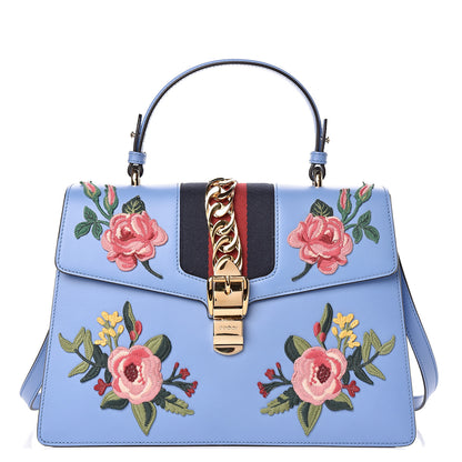 Gucci Calfskin Embroidered Medium Sylvie Top Handle Bag Clear Sky Blue 1 of 13