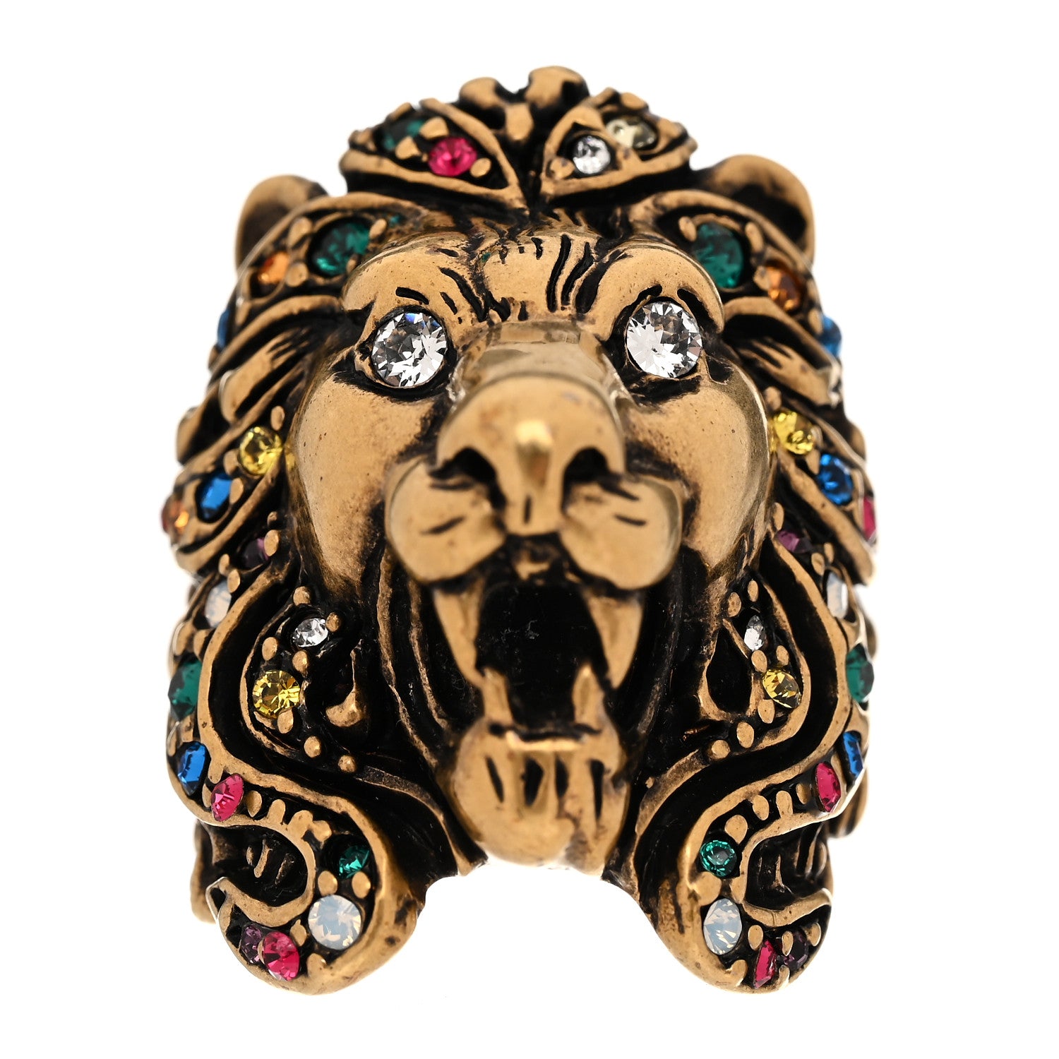 Gucci Metal Crystal Lion Head Ring 50 5.25 Aged Gold 1 of 6