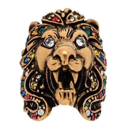Gucci Metal Crystal Lion Head Ring 50 5.25 Aged Gold 1 of 6