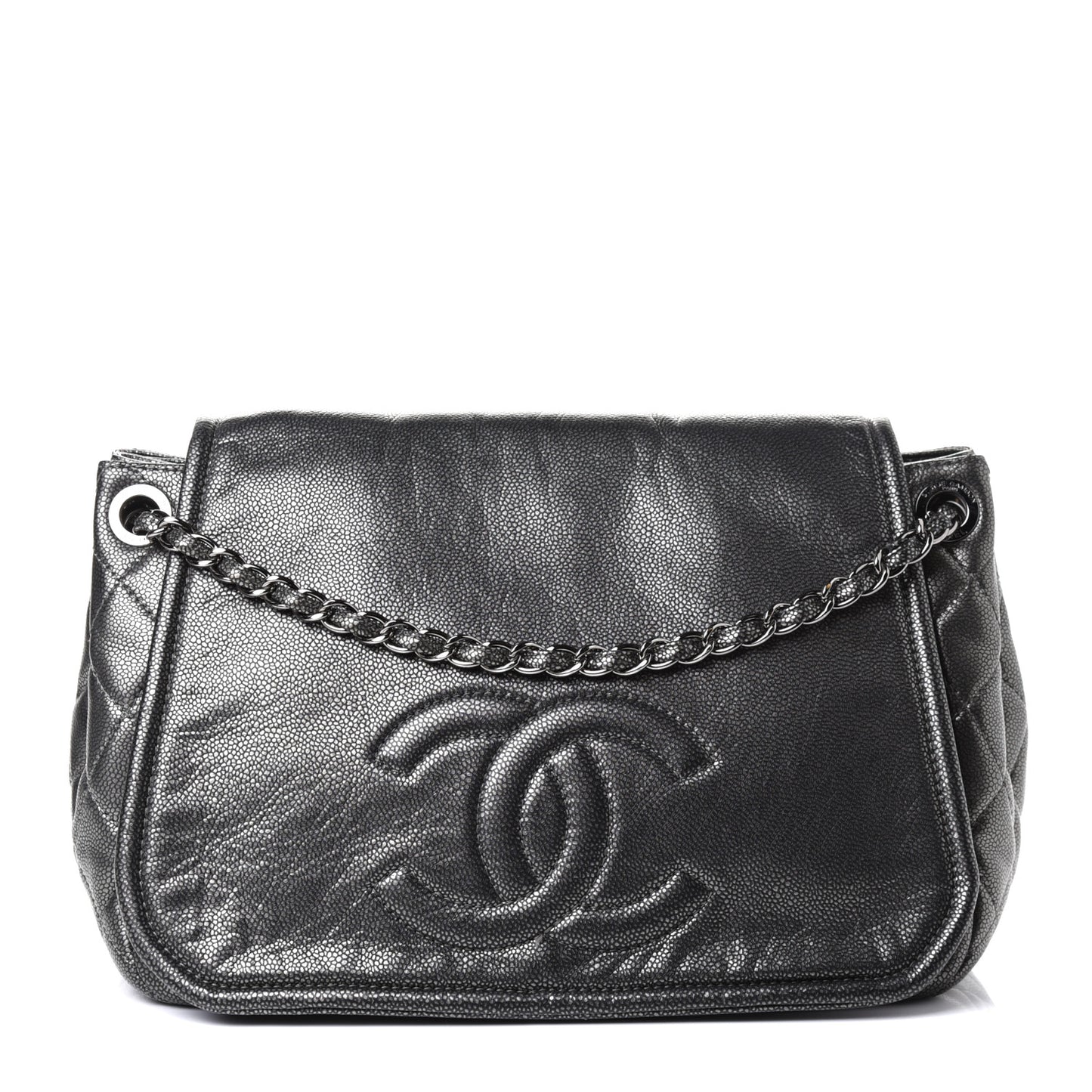 Metallic Caviar Timeless CC Accordion Flap Dark Silver