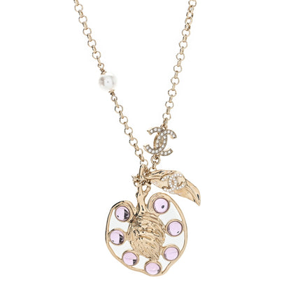 Chanel Resin Crystal Pearl CC Fruit Pendant Necklace Gold Pink 1 of 4