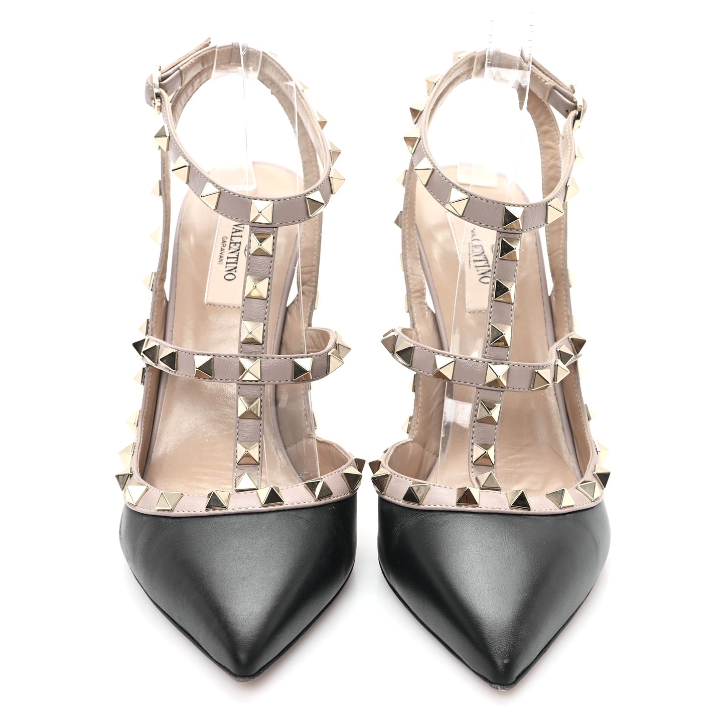 Calfskin Nappa Rockstud Ankle Strap 100mm Pumps 40 Black Poudre