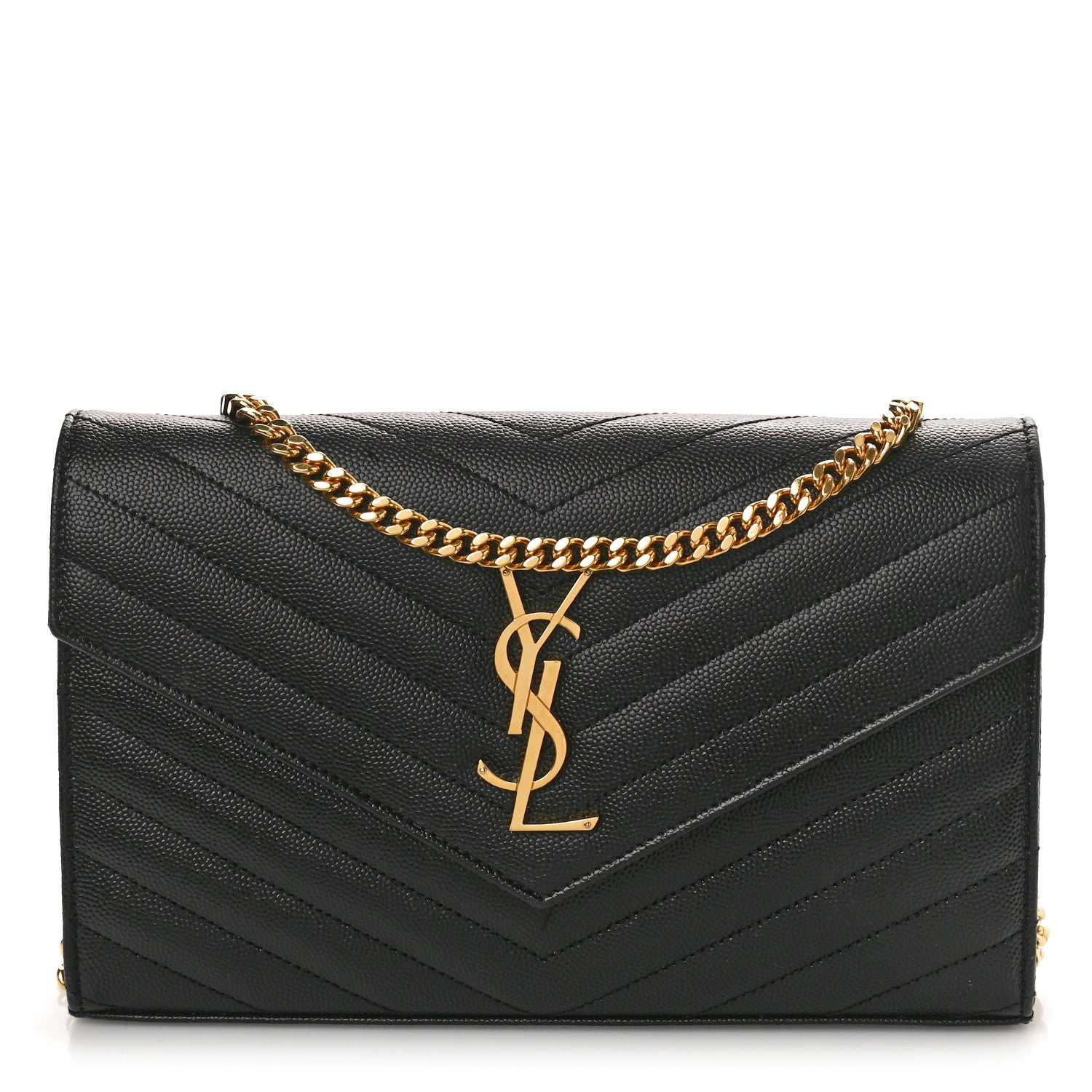 Saint Laurent Grain De Poudre Matelasse Chevron Monogram Chain Wallet Black 1 of 11
