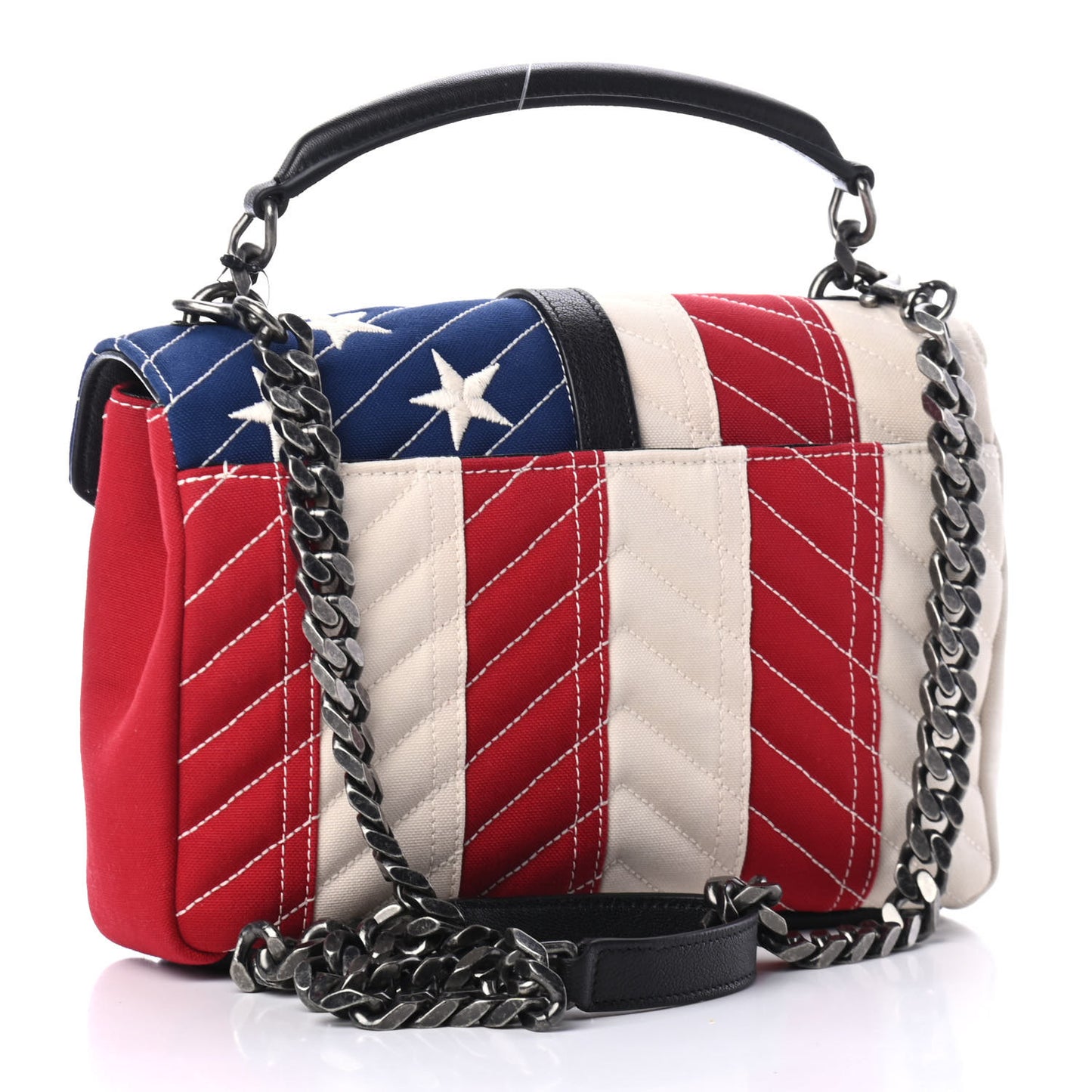 Canvas Matelasse Chevron American Flag Monogram Medium College Bag Red Blue