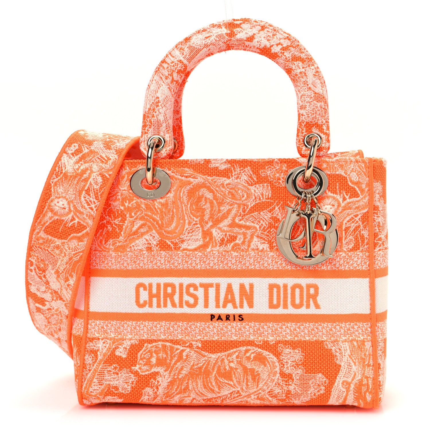 Christian Dior Canvas Toile De Jouy Reverse Embroidered Medium Lady D-Lite Fluorescent Orange 1 of 13