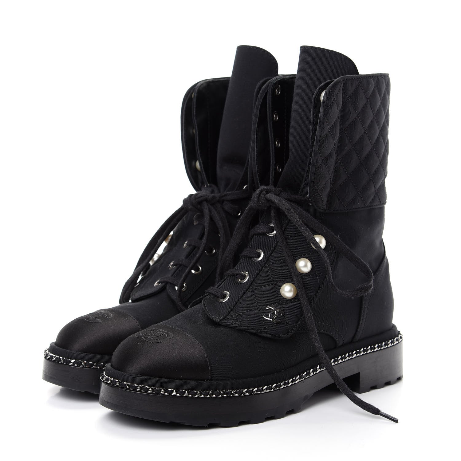 Chanel Grosgrain Pearl Chain CC Combat Short Boots 36 Black 3 of 10