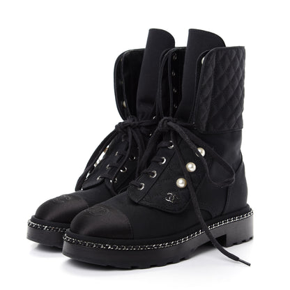 Chanel Grosgrain Pearl Chain CC Combat Short Boots 36 Black 3 of 10