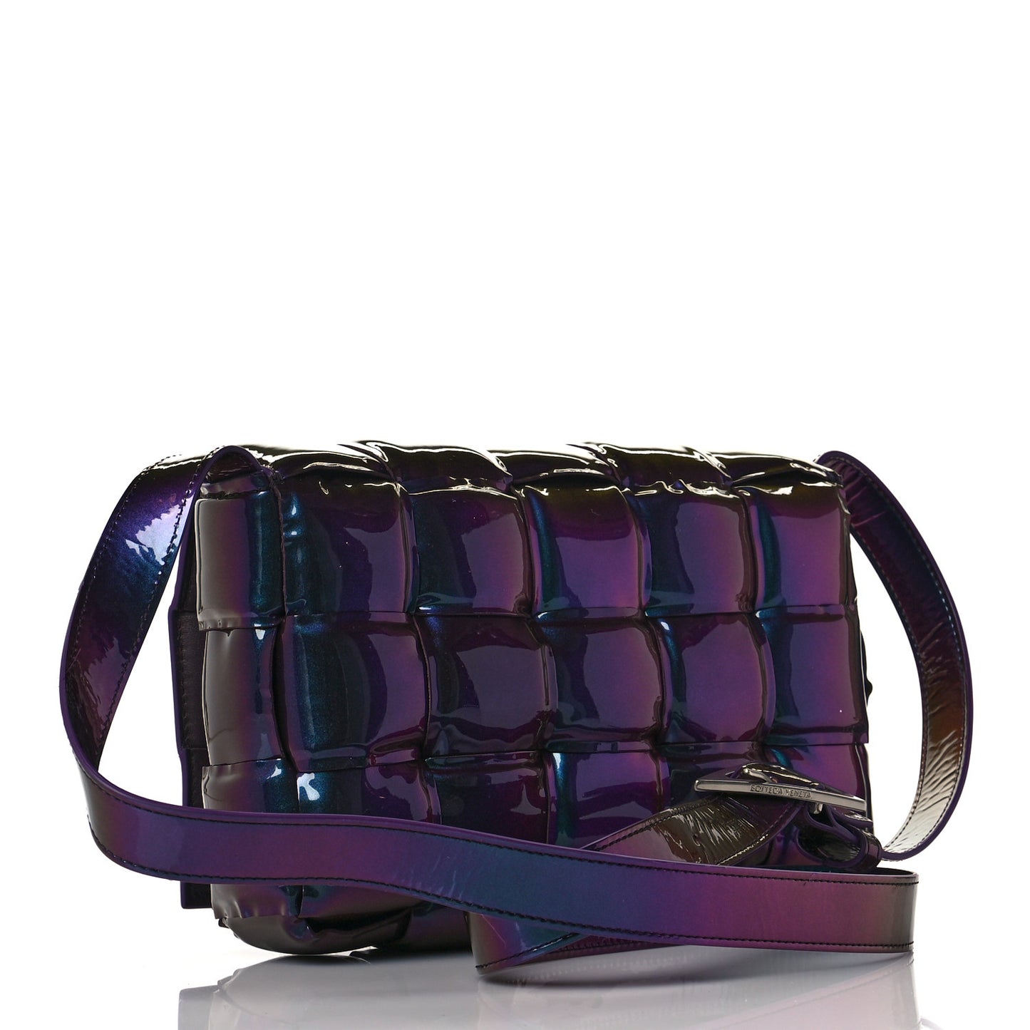 Glossy Nail Polish Nappa Maxi Intreccio Padded Cassette Crossbody Bag Holographic