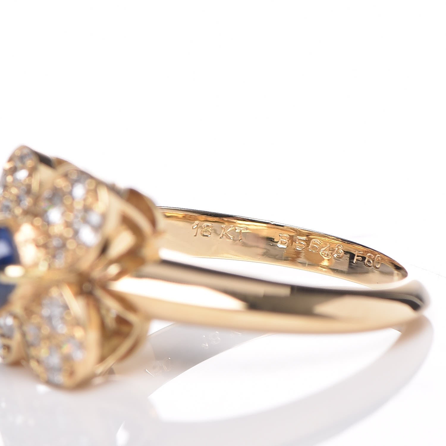Van Cleef & Arpels 18K Yellow Gold Diamond Blue Sapphire Trefle Ring 50 5.5 6 of 9