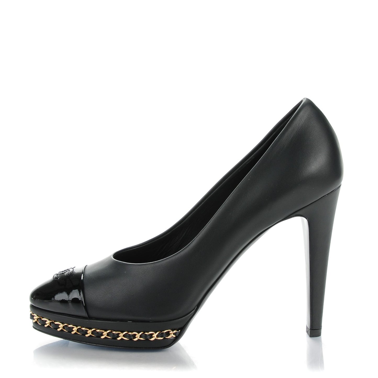 Calfskin Patent Cap Toe Chain Pumps 37.5 Black