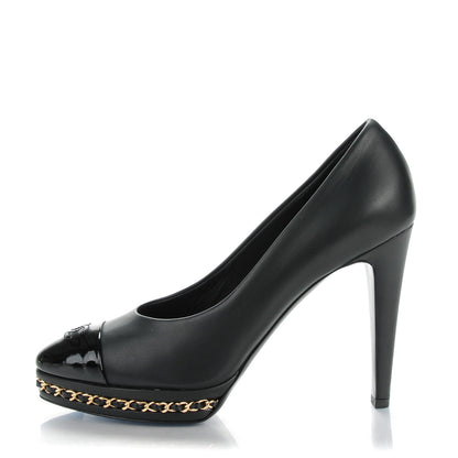 Chanel Calfskin Patent Cap Toe Chain Pumps 37.5 Black 1 of 9