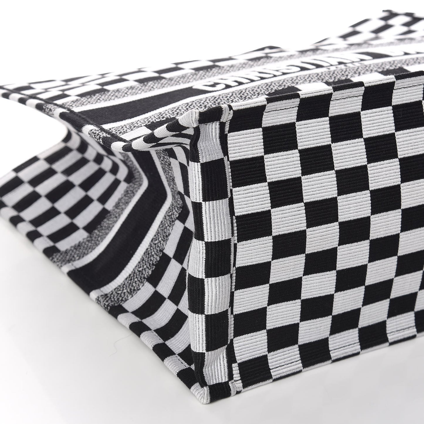 Canvas Embroidered Checkered Book Tote Black White