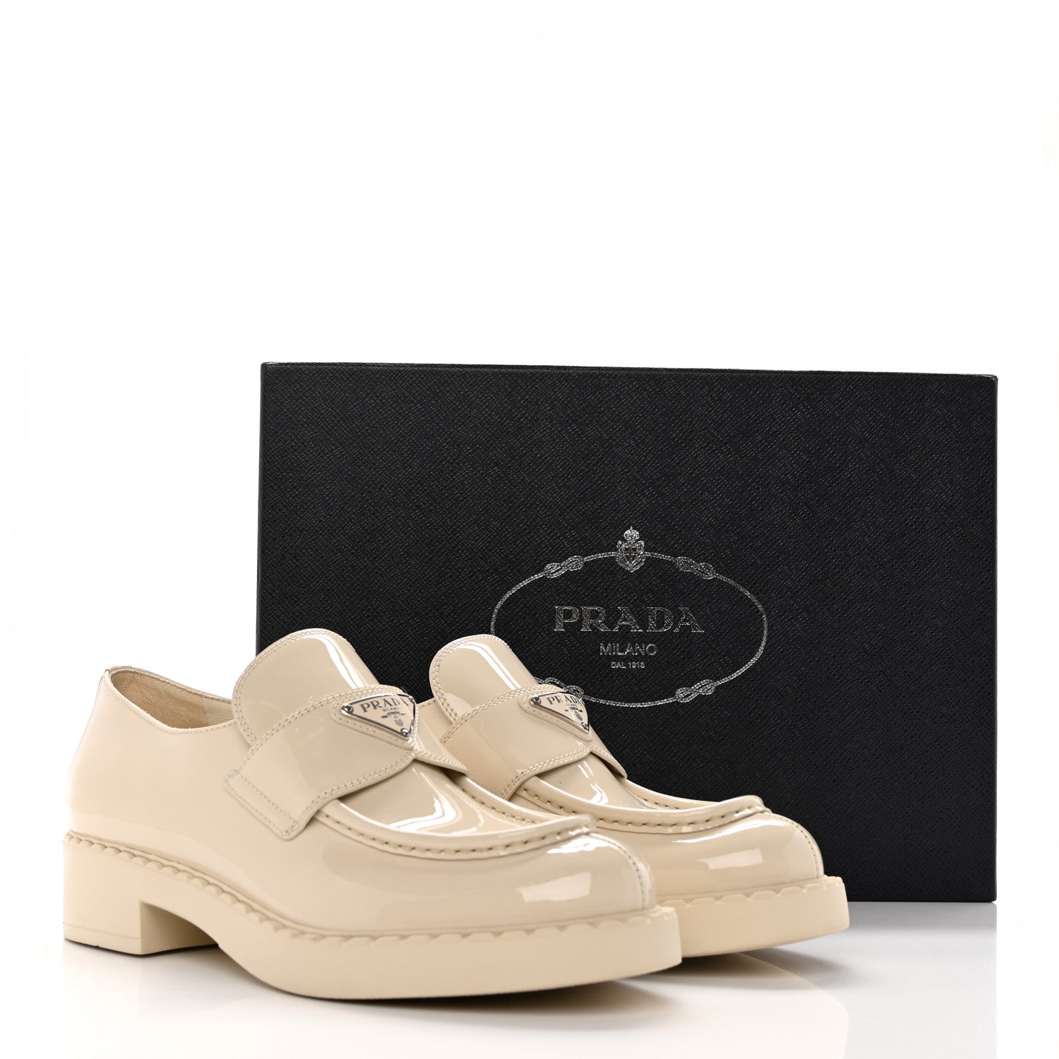 Prada Vernice Metal Triangle Logo 50mm Loafers 41 Avorio 12 of 12