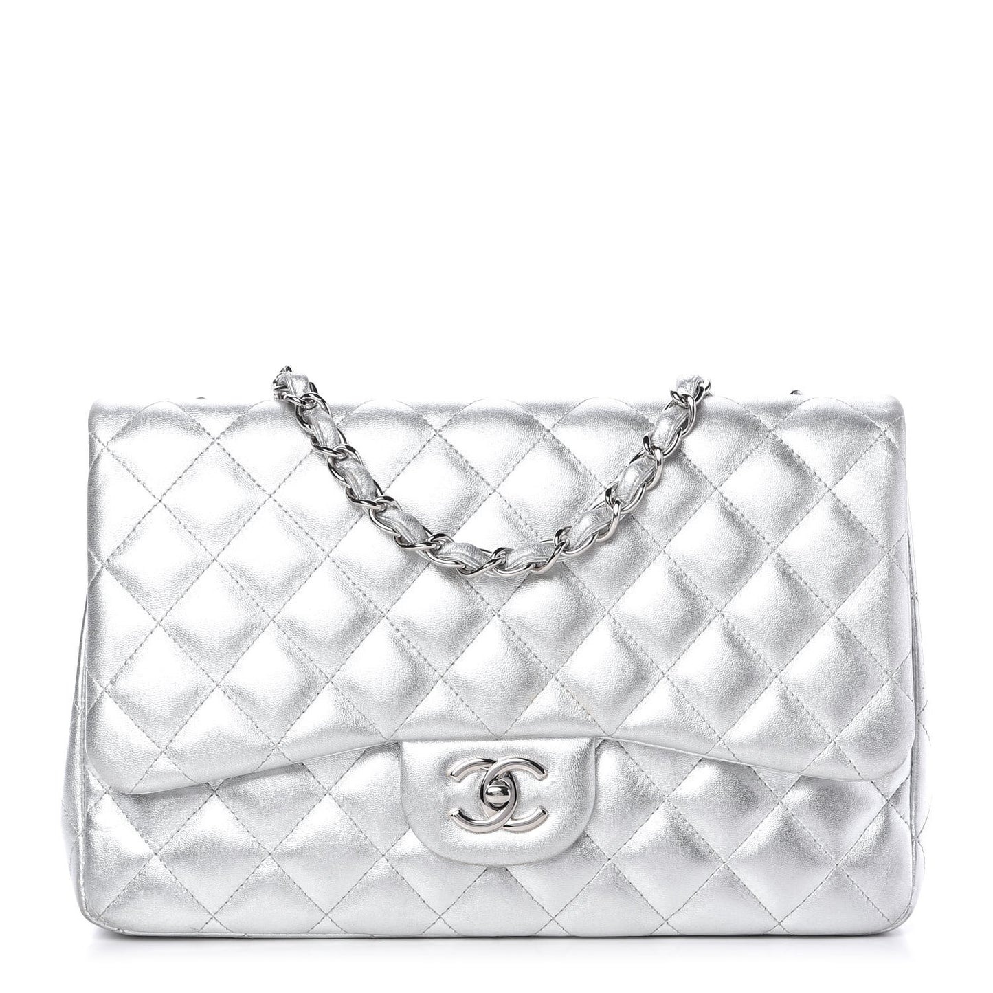 Metallic Lambskin Quilted Jumbo Single Flap Silver