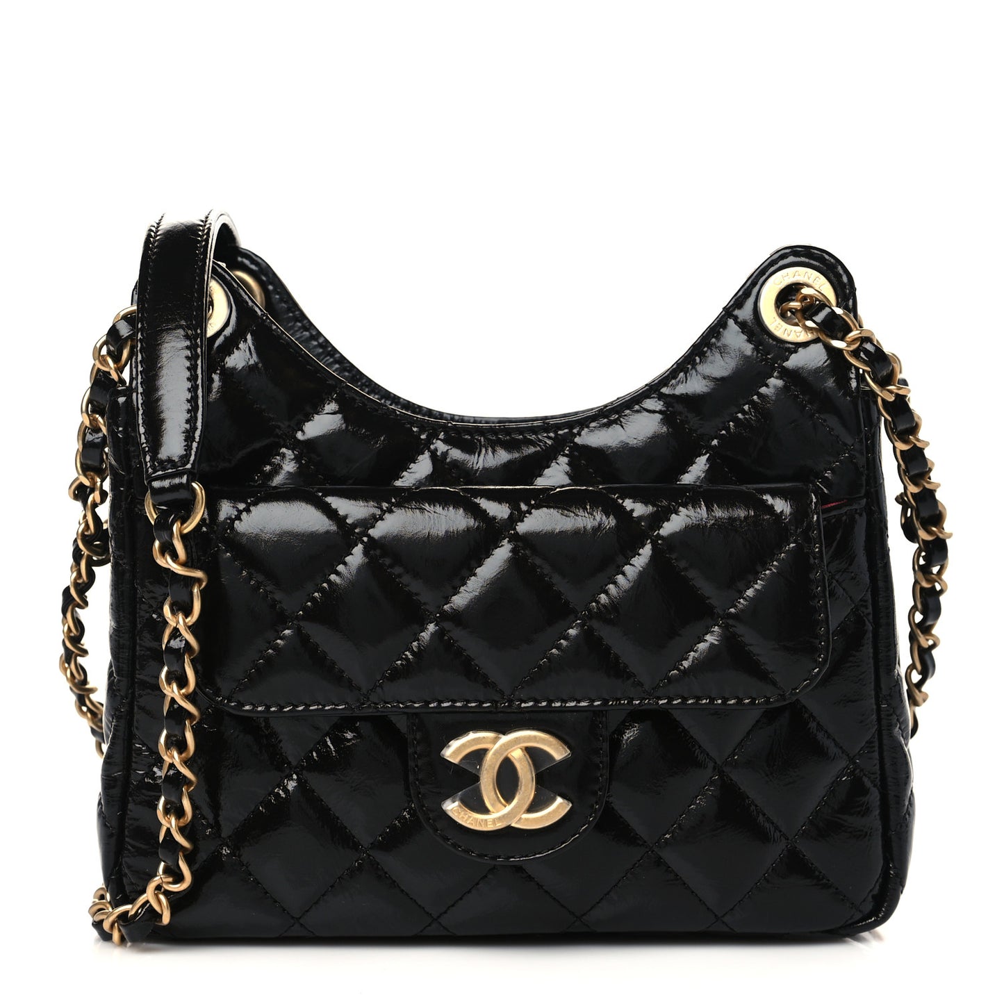 Shiny Crumpled Calfskin Quilted Small Wavy CC Hobo Black