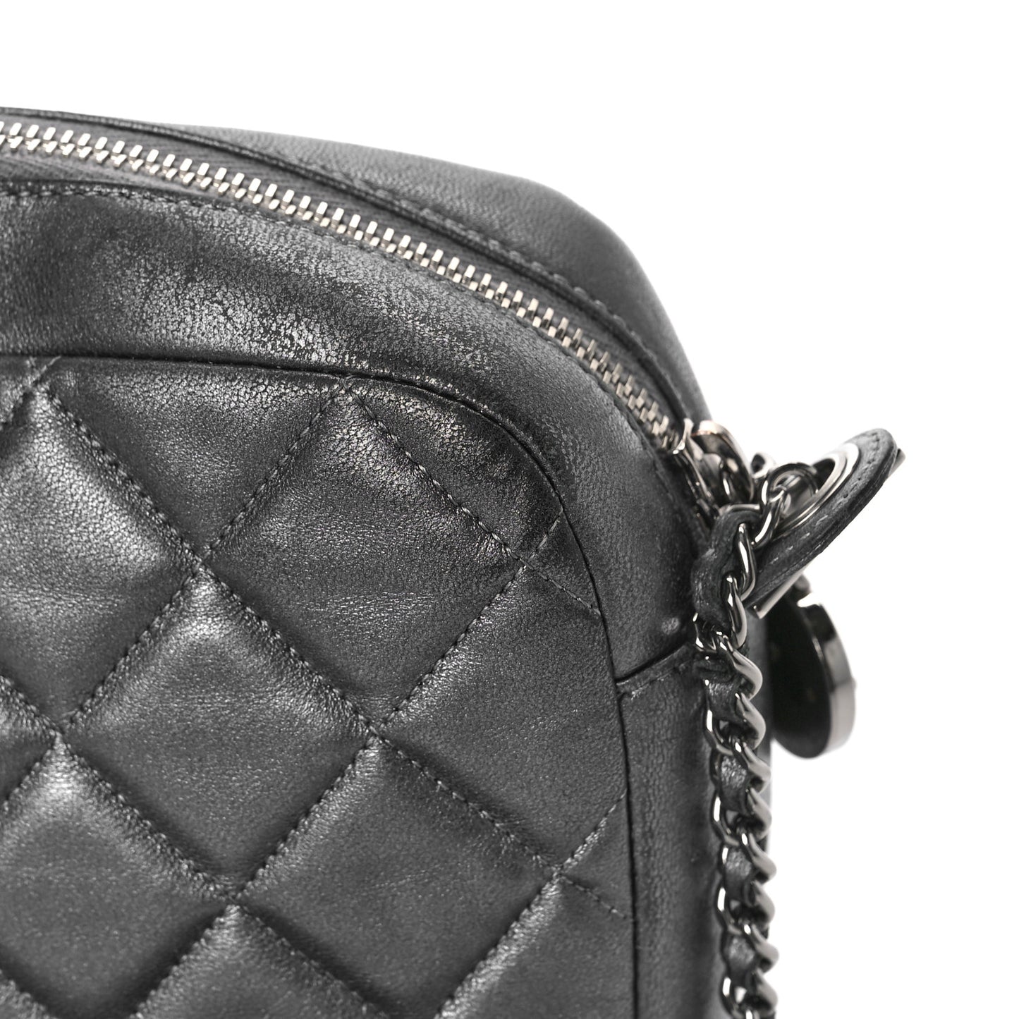 Metallic Calfskin Quilted Small Ballerine Camera Case Grey