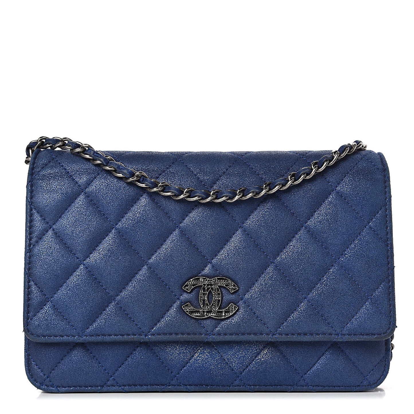 Iridescent Calfskin Quilted Wallet on Chain WOC Blue