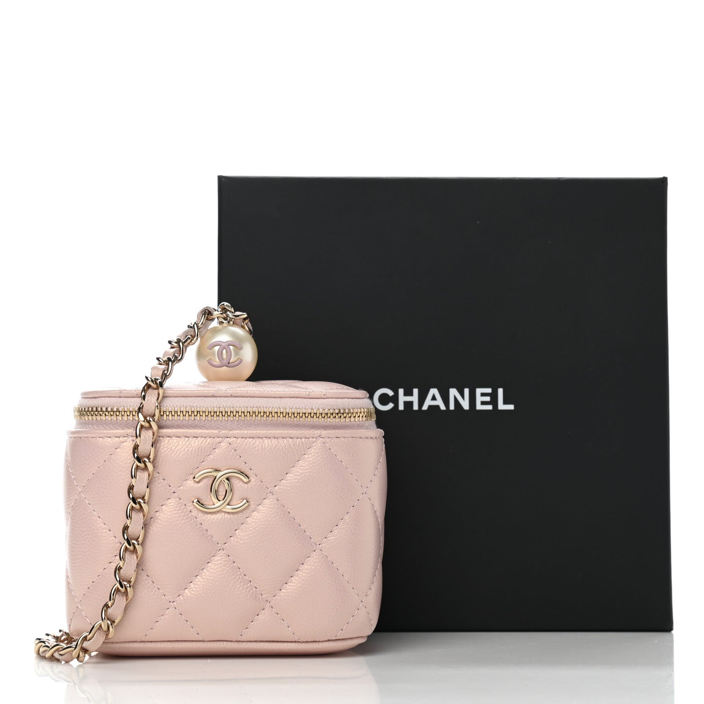 Iridescent Caviar Quilted Mini Pearl On Top Vanity Case With Chain Light Pink