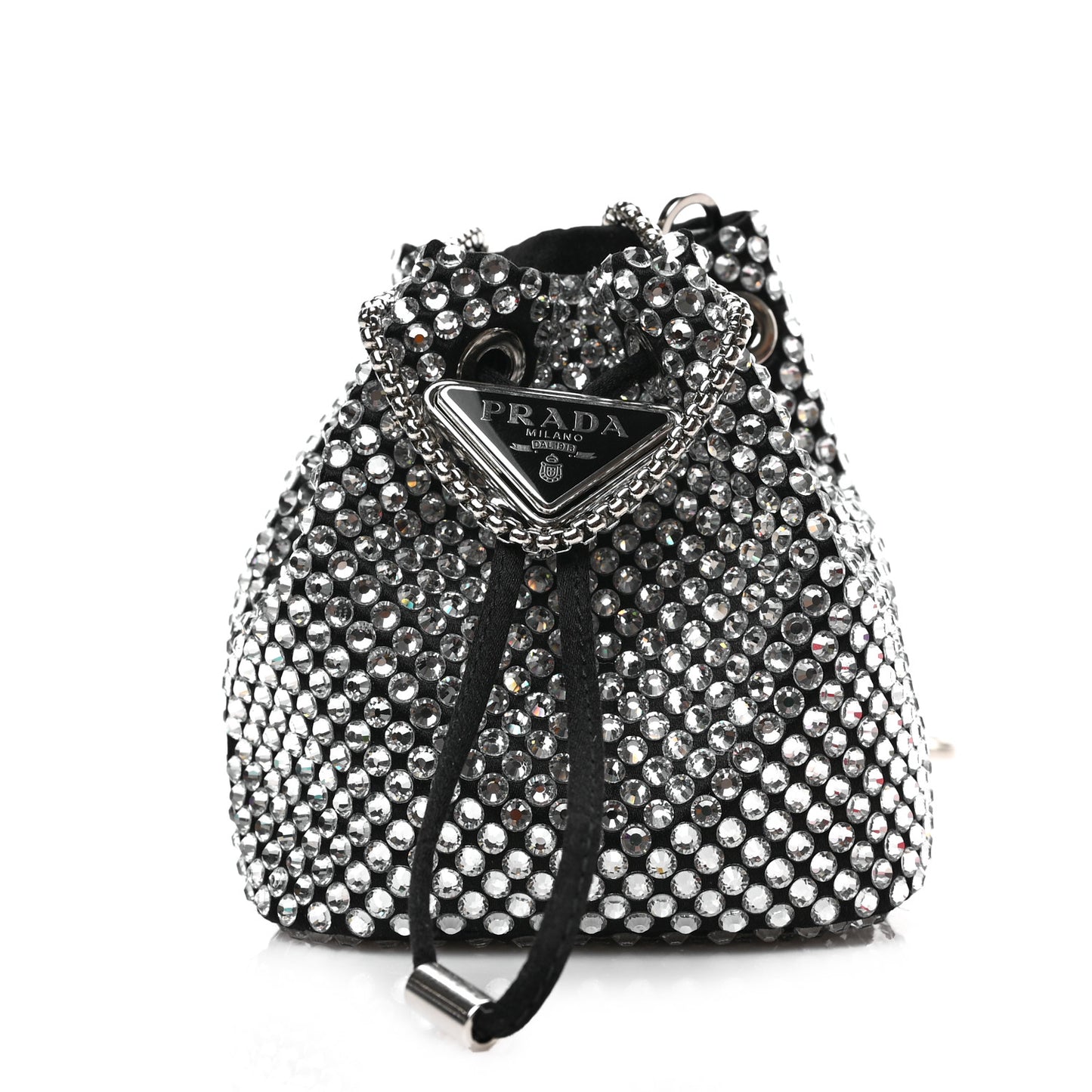Satin Crystal Metal Triangle Logo Mini Drawcord Pouch Shoulder Bag Cristal