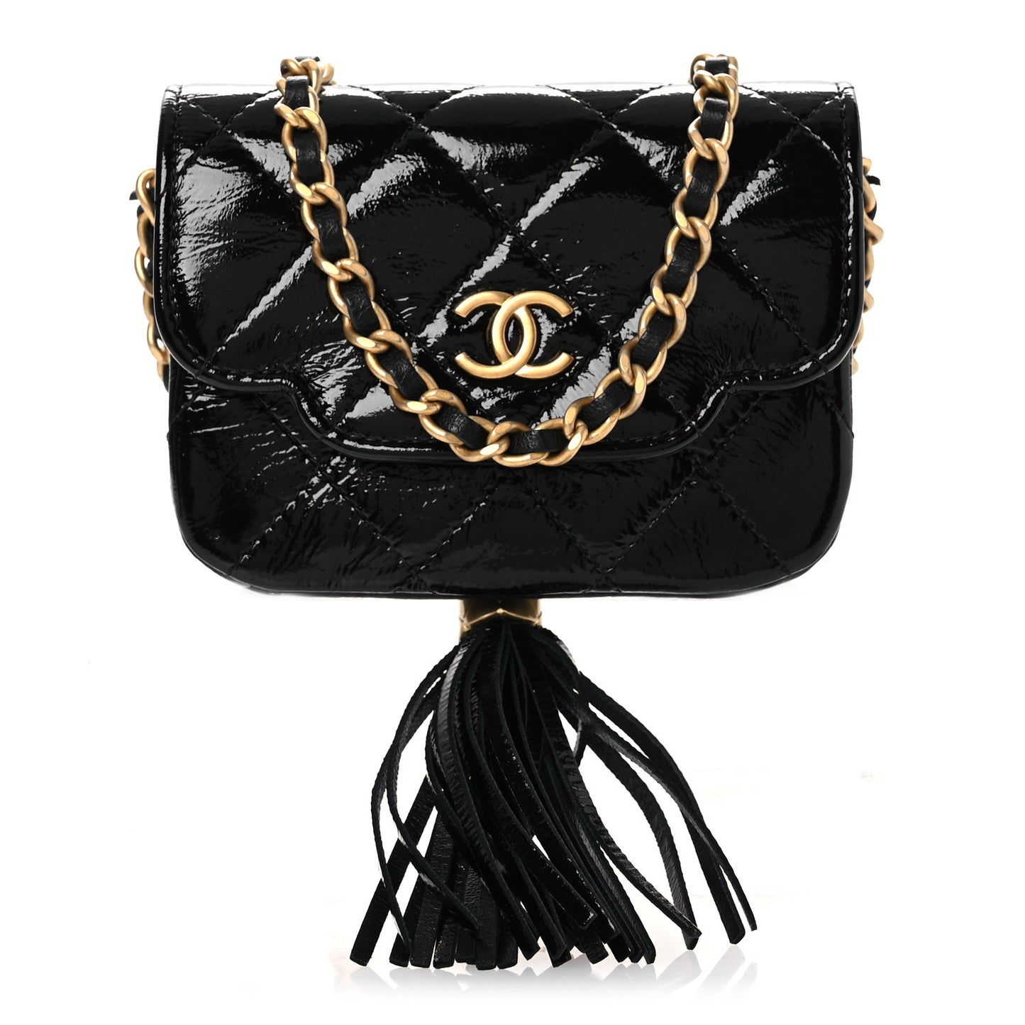 Crumpled Patent Lambskin Quilted Tassel Clutch With Chain Black