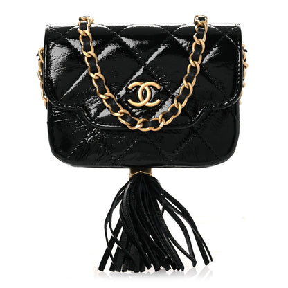 Chanel Crumpled Patent Lambskin Quilted Tassel Clutch With Chain Black 1 of 11