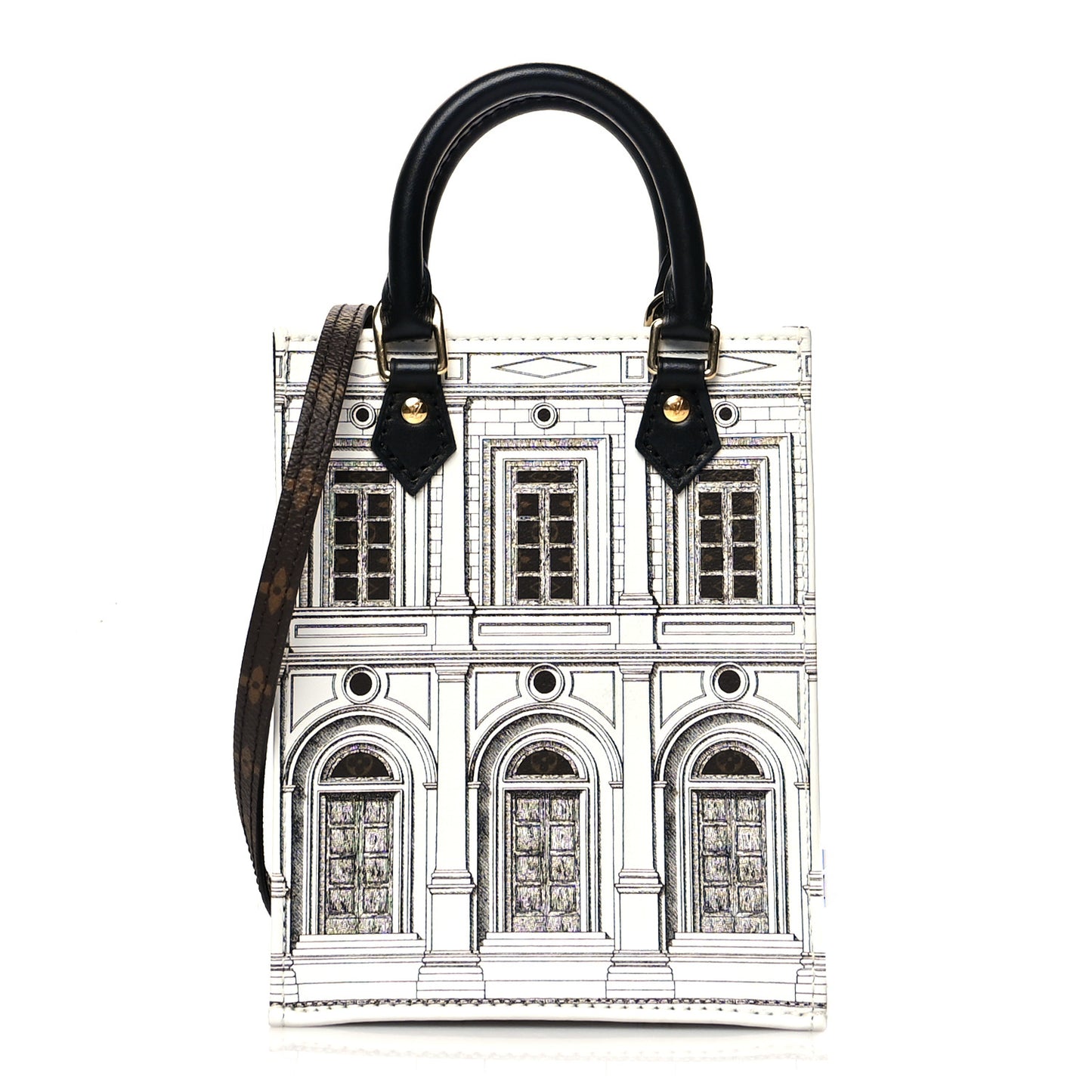 X FORNASETTI Calfskin Architettura Petit Sac Plat Black White