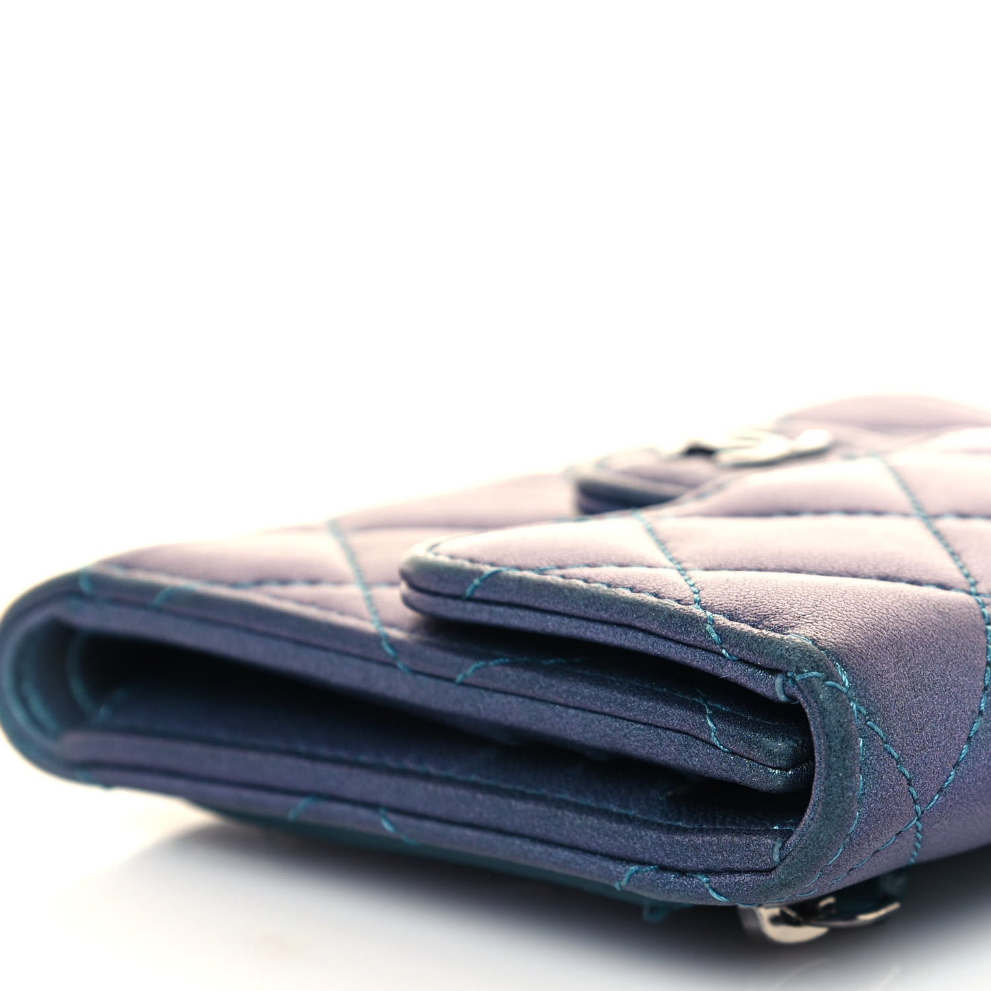 Metallic Lambskin Quilted Compact Flap Wallet Turquoise