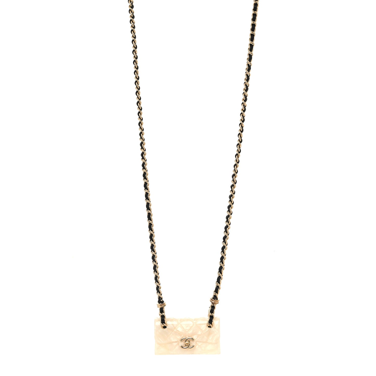 Metal Resin Calfskin Quilted CC Turnlock Chain Bag Necklace Gold White