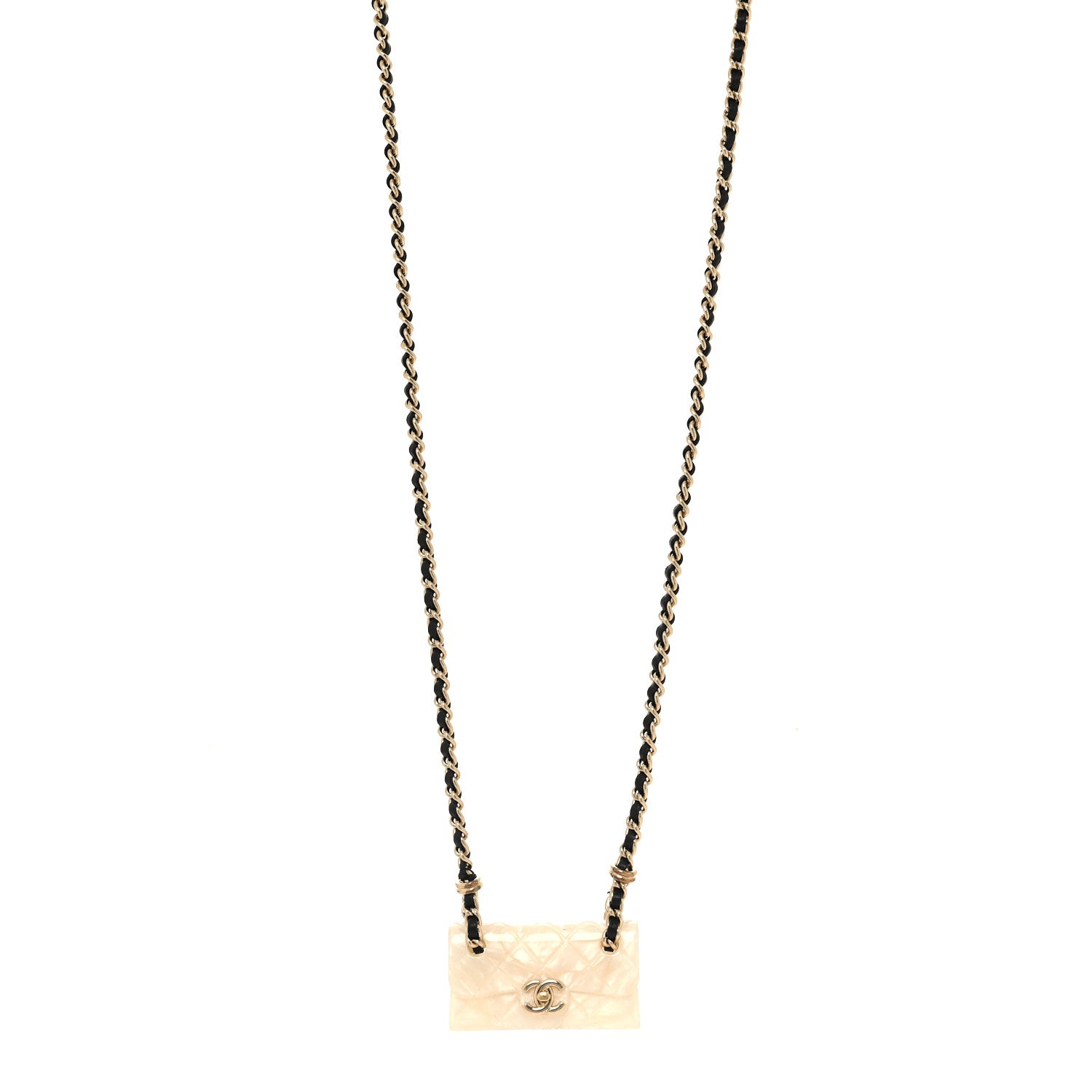 Chanel Metal Resin Calfskin Quilted CC Turnlock Chain Bag Necklace Gold White 1 of 5