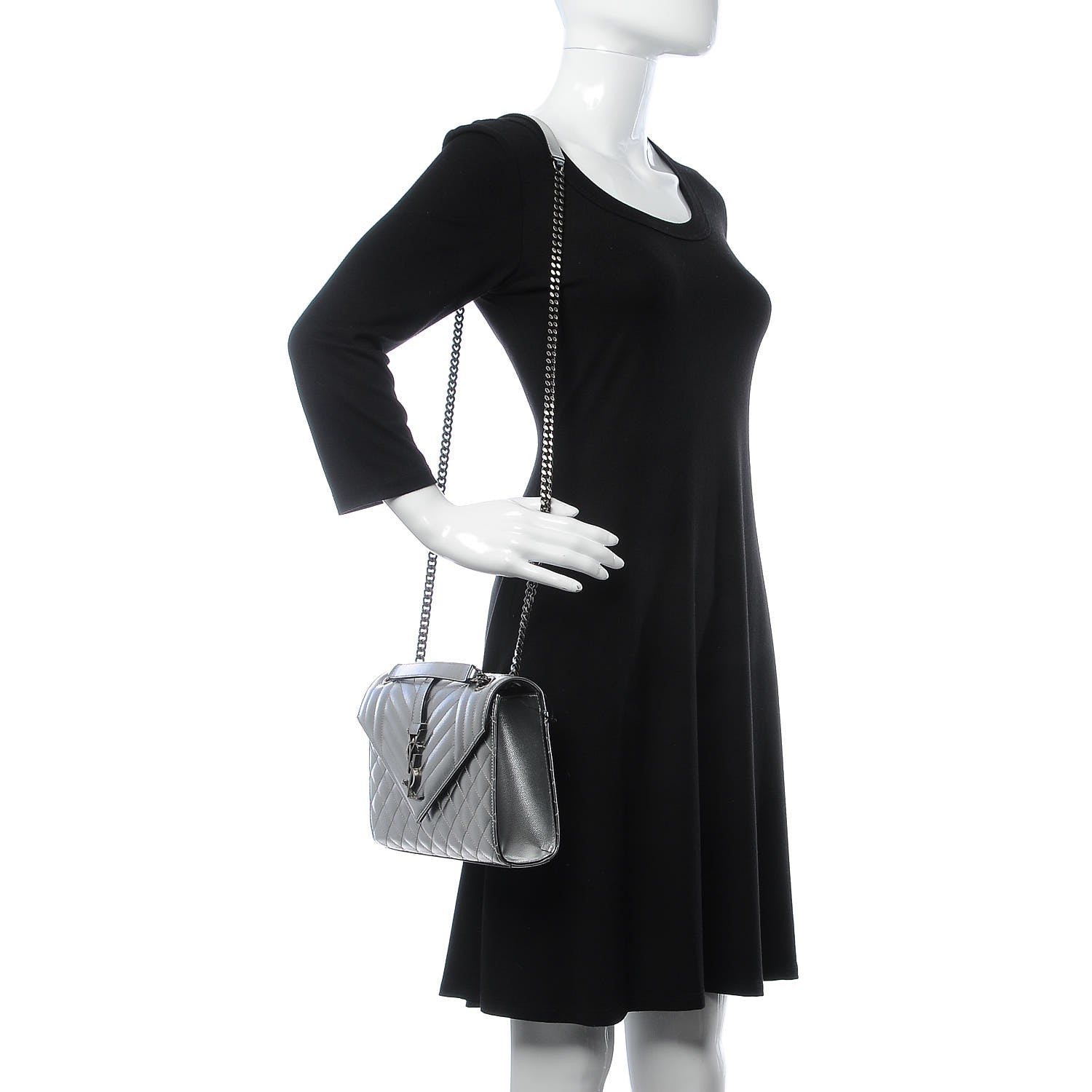 Saint Laurent Metallic Grain De Poudre Textured Mixed Matelasse Triquilt Medium Monogram Satchel Silver 2 of 8