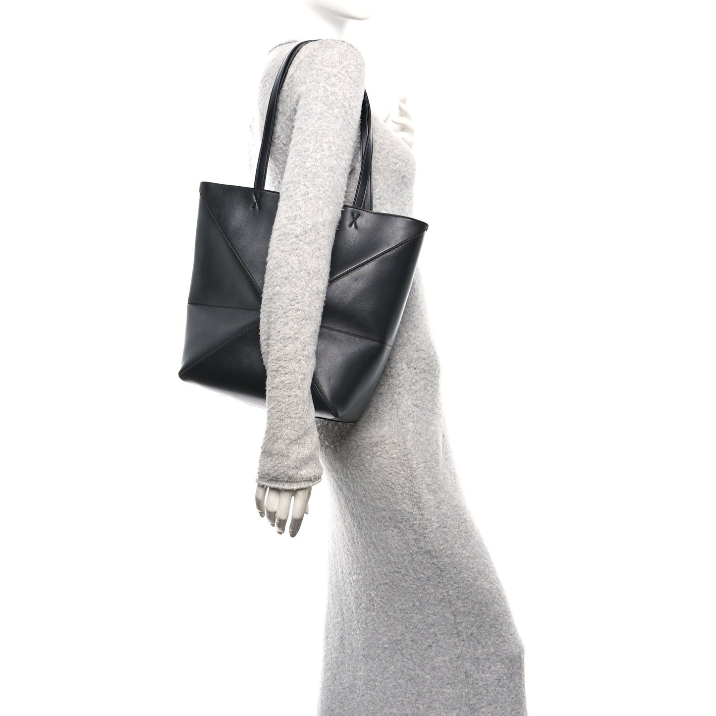 Shiny Calfskin Medium Puzzle Fold Tote Black