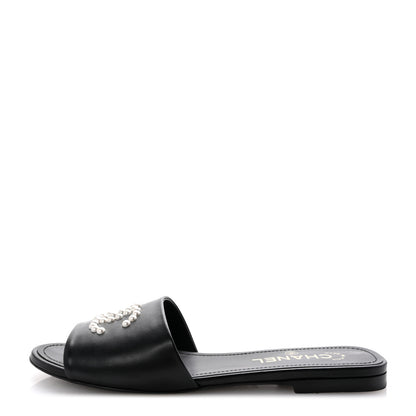 Chanel Lambskin Pearl CC Sandals 38.5 Black 1 of 9