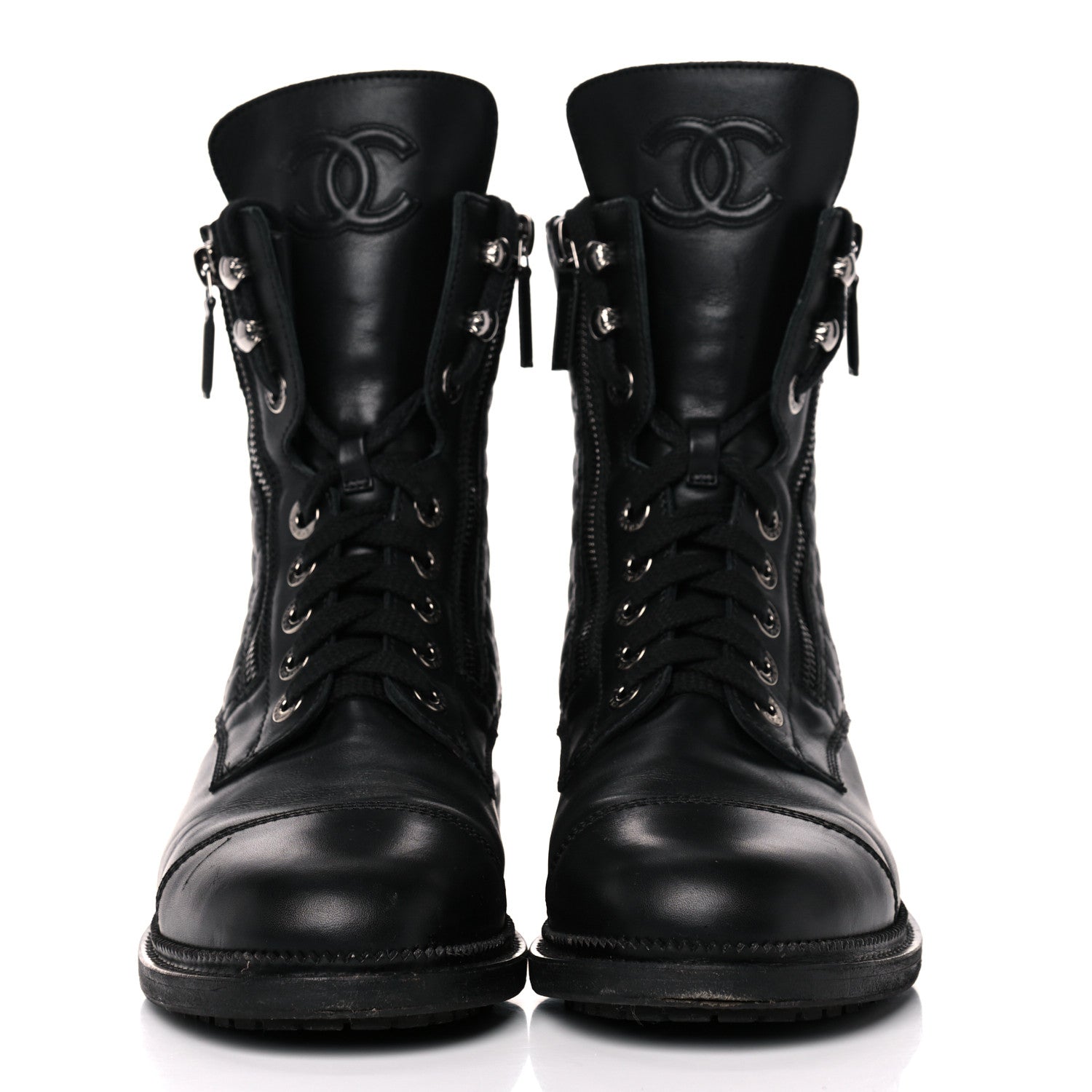 Chanel Calfskin Quilted Lace Up Combat Boots 40 Black 2 of 8