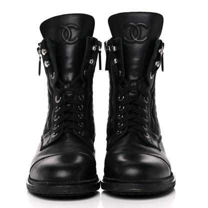 Chanel Calfskin Quilted Lace Up Combat Boots 40 Black 2 of 8