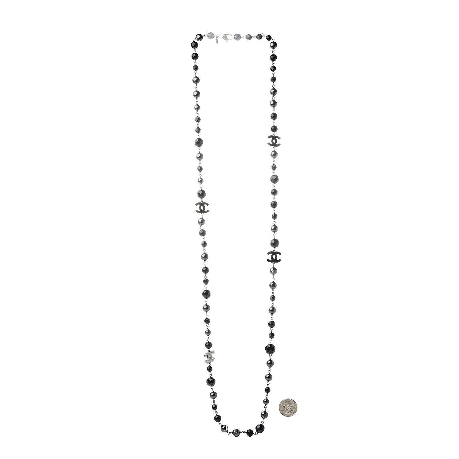 Chanel Pearl Beaded CC Long Necklace Silver Black 3 of 5