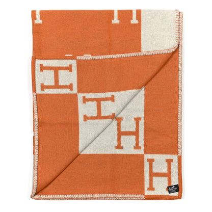 Hermes Wool Cashmere Signature Classic Avalon Blanket Ecru Potiron 2 of 6