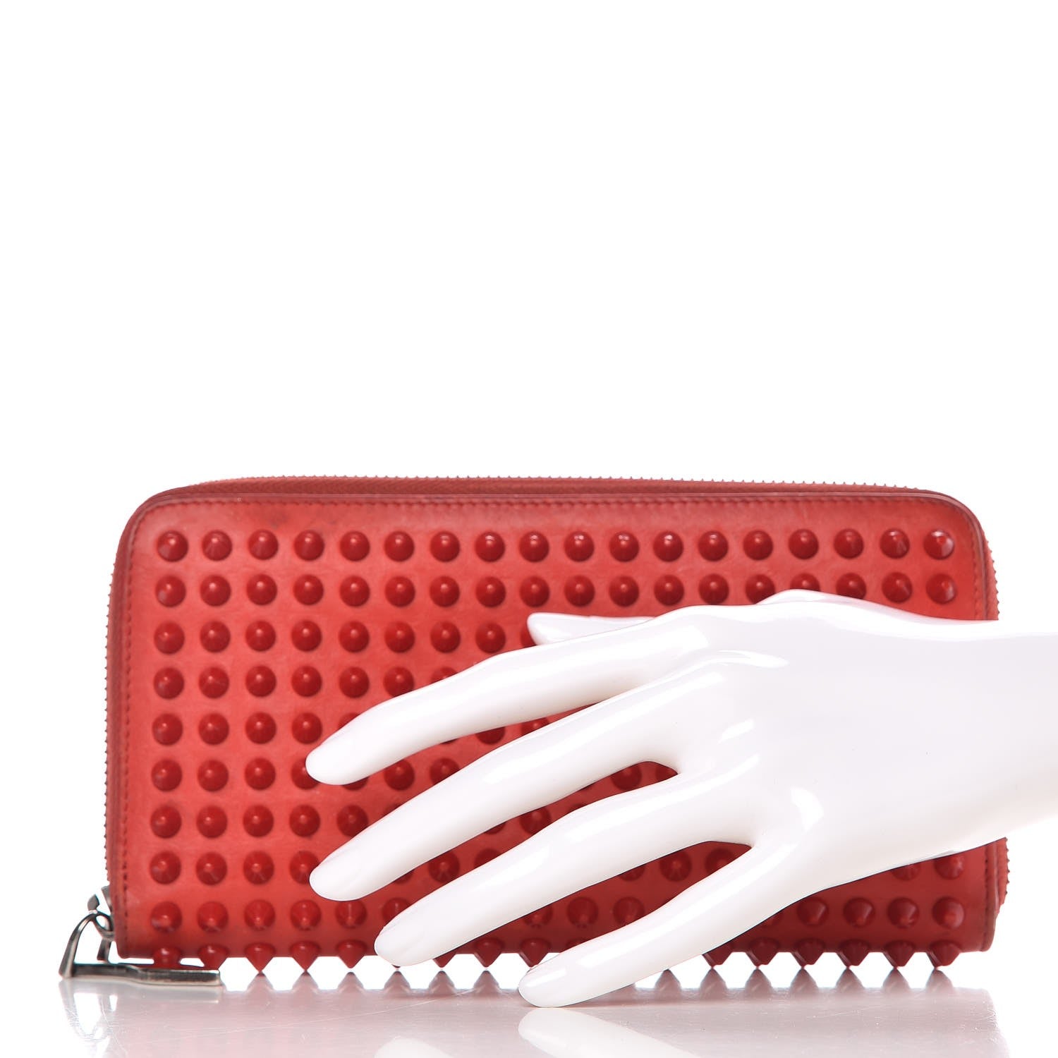 Christian Louboutin Calfskin Panettone Spiked Zip Around Wallet Rouge De Mars 2 of 18