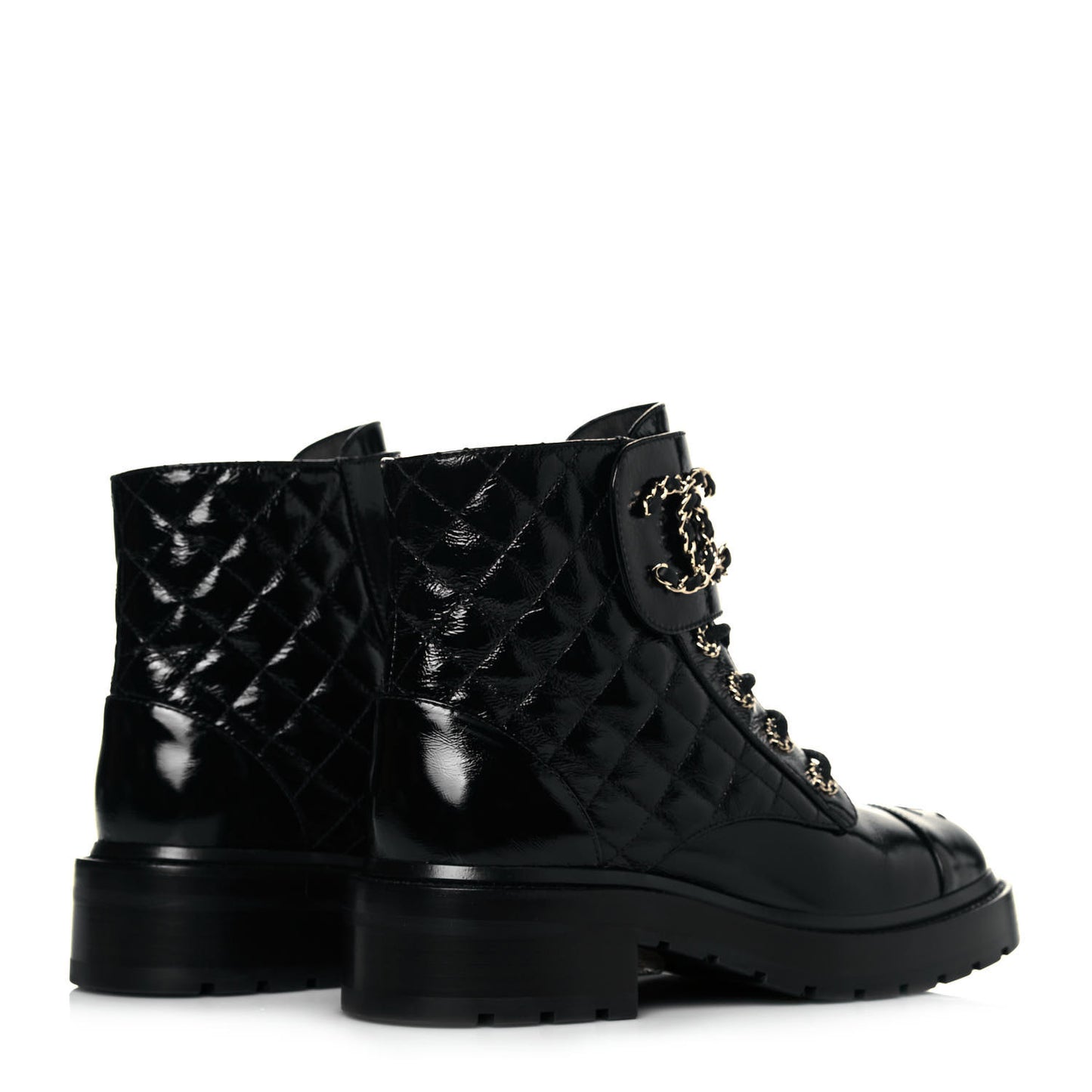Shiny Calfskin Quilted Lace Up Combat Boots 37 Black