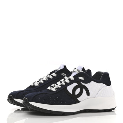 Chanel Fabric Suede Kidskin CC Sneakers 37 Dark Navy White 3 of 10