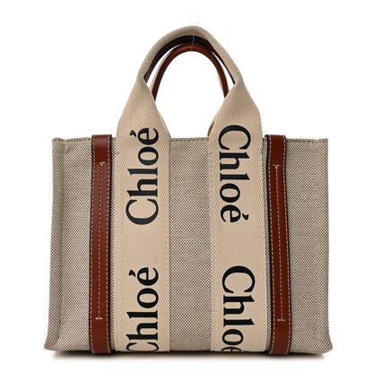 Chloe Cotton Calfskin Small Woody Ribbon Tote With Strap White Brown 1 of 10