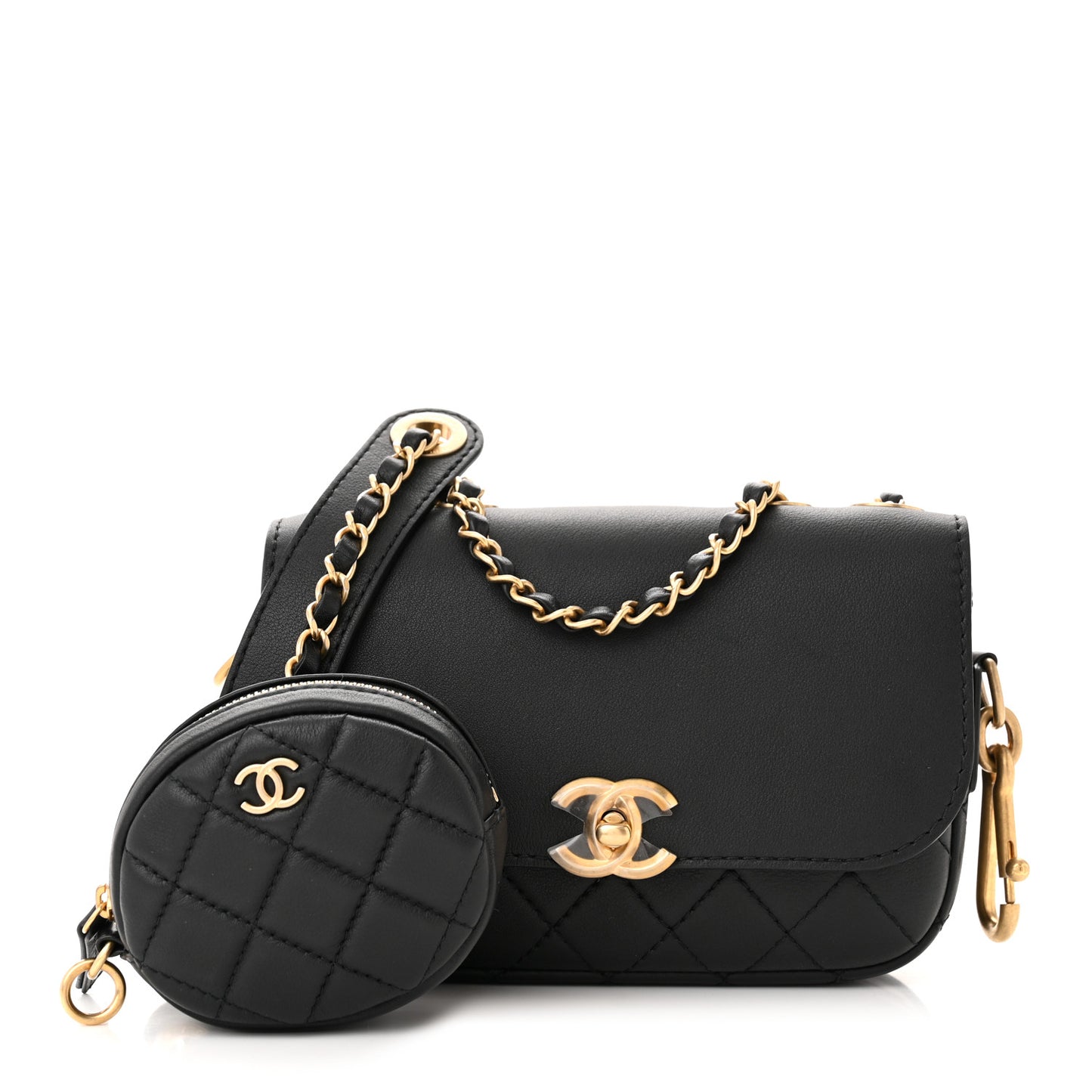Calfskin Quilted Multi Pouching Flap And Coin Purse Black