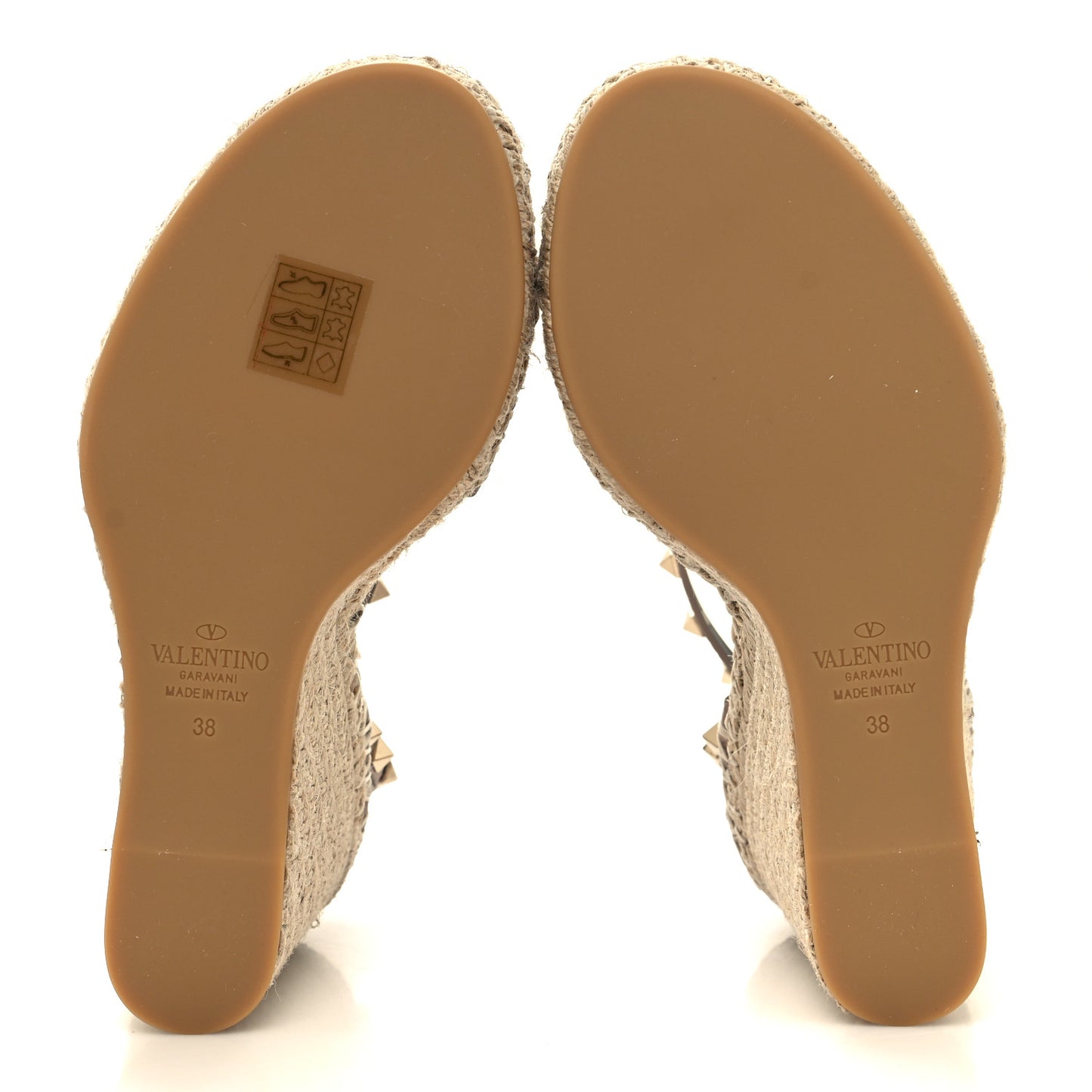 Grained Calfskin Rockstud Ankle Strap Espadrille 15/105mm Wedge Sandals 38 Poudre Natural