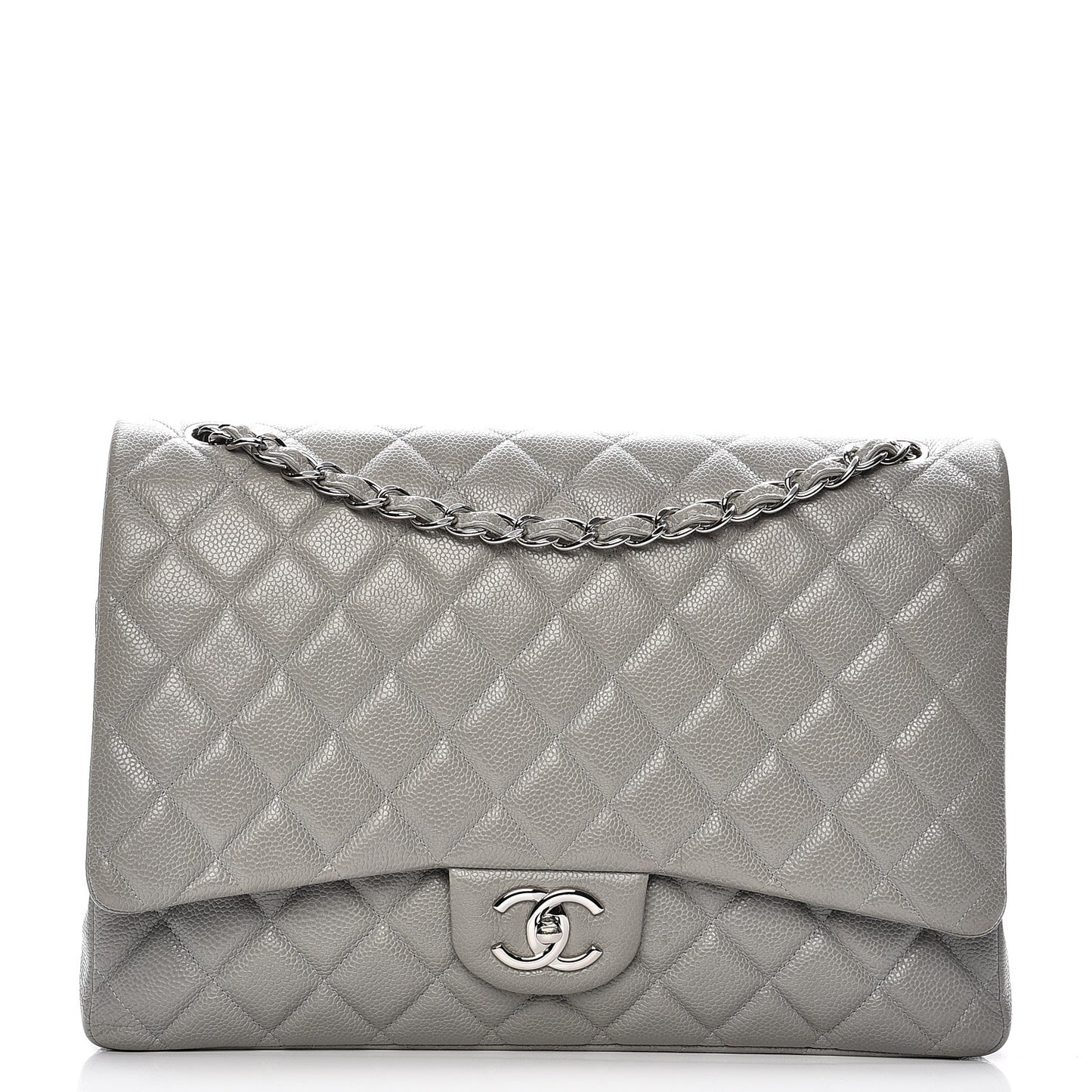 Caviar Quilted Maxi Double Flap Light Grey