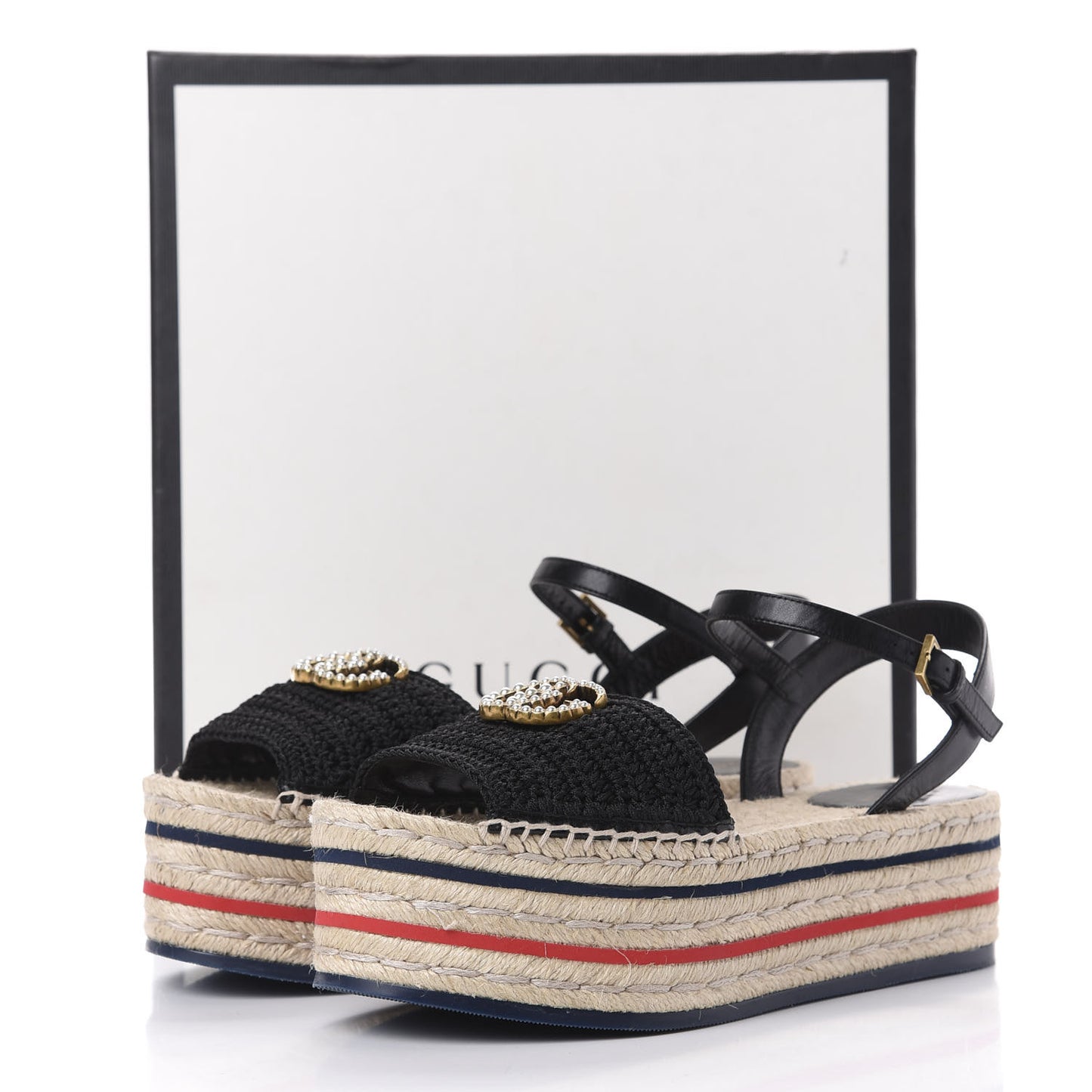 Cotton Malaga Kid Crochet Pearly GG Lilibeth Espadrille Platform Sandals 38 Black