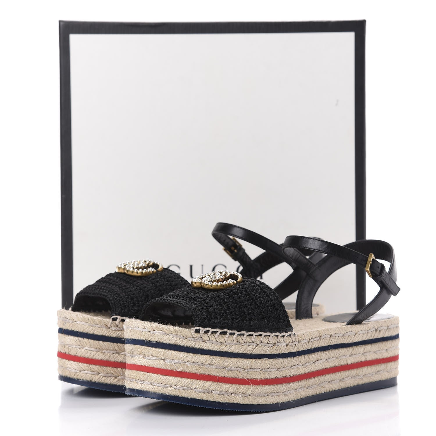 Gucci Cotton Malaga Kid Crochet Pearly GG Lilibeth Espadrille Platform Sandals 38 Black 14 of 14