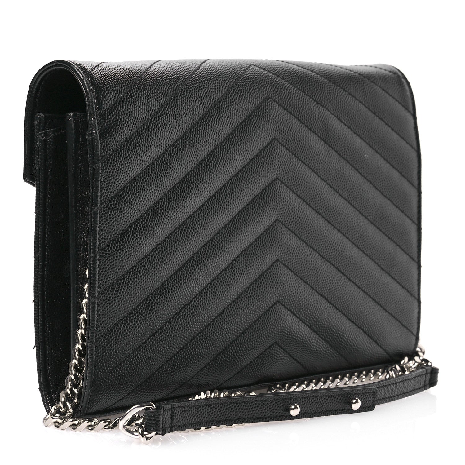 Saint Laurent Grain De Poudre Matelasse Chevron Monogram Chain Wallet Black 3 of 15