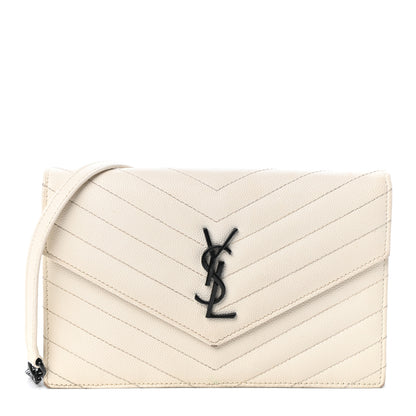 Saint Laurent Grain De Poudre Matelasse Chevron Monogram Envelope Chain Wallet Dove White 1 of 9