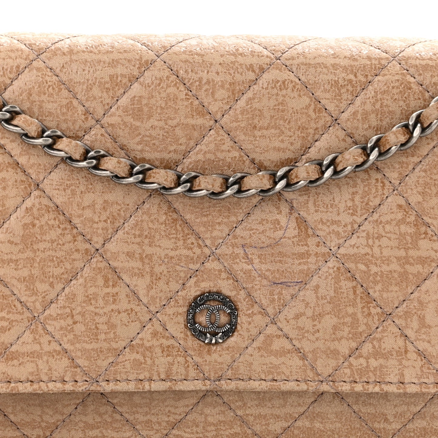 Crackled Coated Fabric Quilted Wallet On Chain WOC Beige